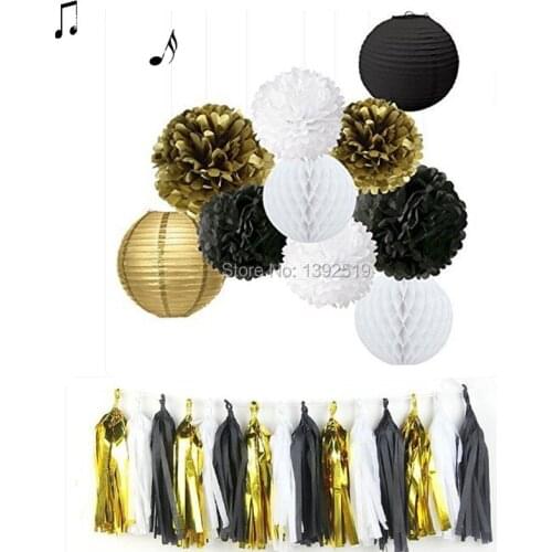 Black White Gold Hanging Decoration Set with Paper Pom Poms Tissue Tassel Honeycomb Ball Lanterns for Graduation New Year Party