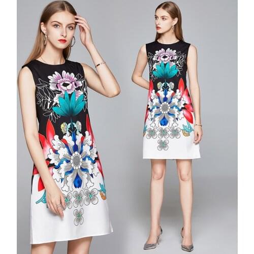 Summer New Womens round Neck Sleeveless Flower Printed Tank Dress