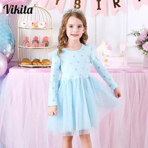 VIKITA Kids Long Sleeve Dresses for Girls Party Dress Star Printed Birthday Tutu Dresses Children Casual Wear Princess Vestidos