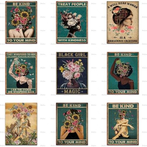 Be Kind To Your Mind Retro Poster, Strong Woman Canvas, Pot Head Wall Art, Girl Power Flower Head Art Print, Home Decor Gift