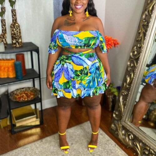 Plus Size Skirt Sets Summer Outfit Women Matching Sets Printed Crop Tops & Mini Skirts Sexy Evening Club Outfits Matching Sets