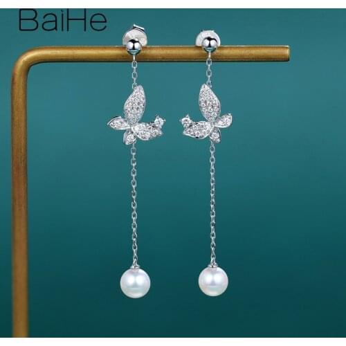 BAIHE Solid 18K White Gold 5-5.5mm Freshwater Pearls Earring 0.22ct Round Diamonds Fine Jewelry Butterfly Stud Earrings Women
