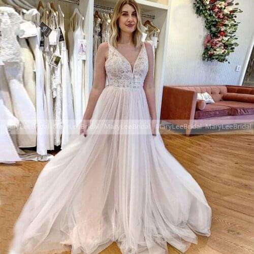 Light Champagne Wedding Dress V-Neck 2021 Flowing Tulle Appliques Women Long Transparent Beach Bride Gowns Formal Bridal Dresses
