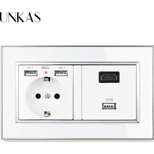 UNKAS HDMI-Compatible 2.0 USB 3.0 Jack + EU Socket Dual USB Charging Port Luxury Mirror Acrylic Panel Hidden Soft LED Outlet
