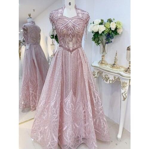2021New Design Square Neck Nail Bead Diamonds Embroidery Evening Dress Pink Light Blue Color