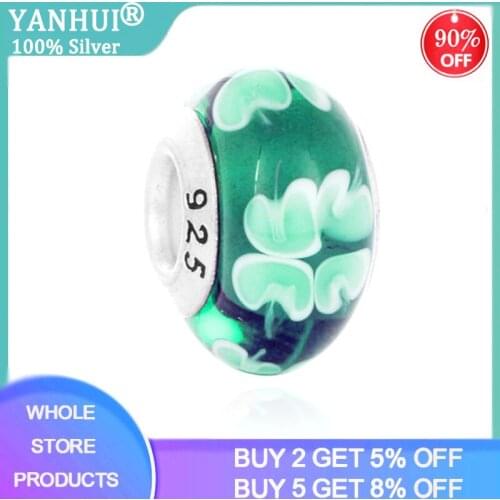 YANHUI New Hot 925 Solid Silver Drop Charms Four Leaf Clover Flower Enamel Charms Beads Fit Bracelets DIY Jewelry Accessories