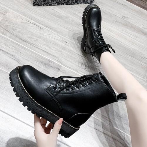 Comemore 2021 Winter Fashion Womens Boots Lace Up Calf Round Head Women Martin Boots Black Mid Heel Square Heel PU Women Shoes