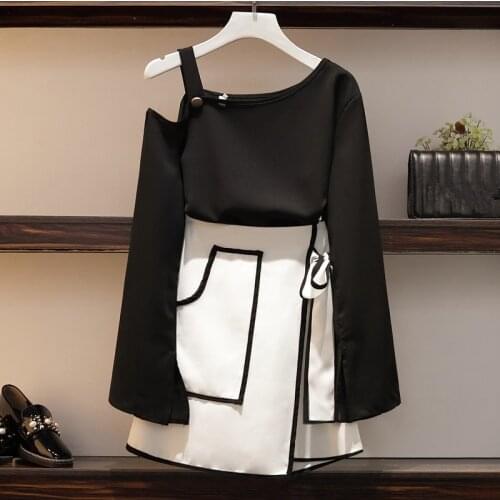 2021 New Summer Women Plus Size Slash Off Shoulder Blosue +Elegant Irregular Skirt Suits Fashion Office Work Skirt Suit