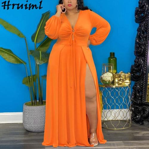 Cheap Wholesale Women Clothes Dress Women Elegant Summer Long Sleeve Solid Color Evening Dress Hem Split V Neck Sexy Robe Femme