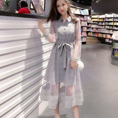 Autumn New Womens Long Shirt Dress Lapel Long Sleeve Stitching Plaid Belt Elegant Sweet Tulle Dress Vestidos De Mujer Casual