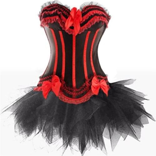 Women Burlesque Dancer Dress Witch Halloween Sexy Underbust Bustier Corset Mini skirt Gothic Corset Dress With Skirt