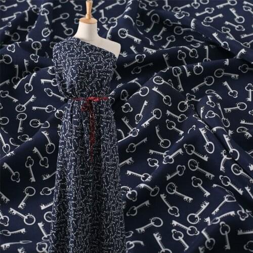 140CM Wide 14MM Keys Print Blue Silk Crepe de Chine Fabric for Dress Shirt Clothes Cheongsam Y015