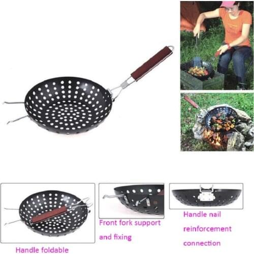 2019 hot Outdoor Multifunction folding wooden handle grill tray Barbecue utensils non-stick frying pan Creative grid picnic wok