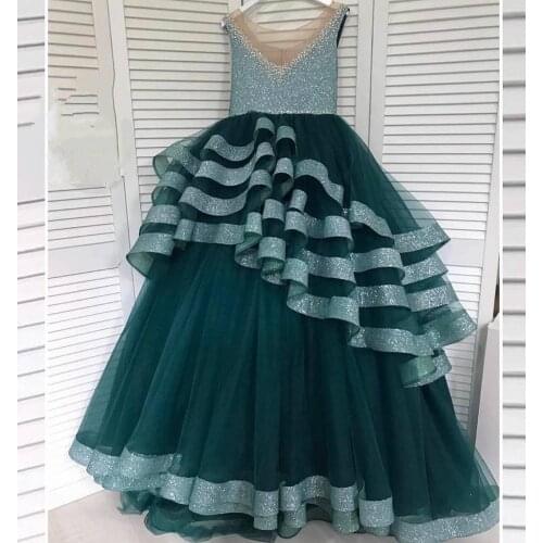 Custom Shiny Girls Pageant Dresses Tulle Beading Flower Girl Dress Children Party Prom Pageant Gowns Princess Costumes