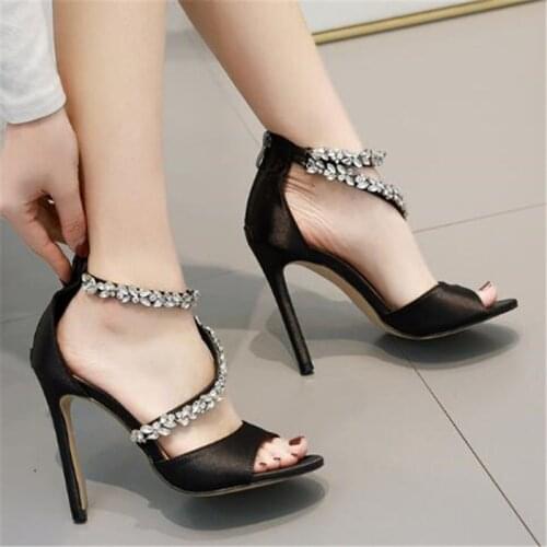 Women sandals Silk Slip On 11cm Thin Heels High heels Peep Toe Rhinestones Shallow women shoes sandalias mujer 2020 size 35-42