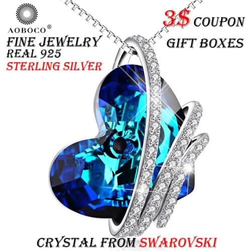 AOBOCO Brand Three Ribbon Big Blue Heart Pendant Necklaces Crystal From Swarovski Fine Jewelry For Women Girl With Gift Boxes