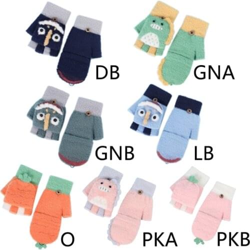 Children Kids Winter Warm Convertible Flip Top Half Finger Gloves Cartoon Dinosaur Knitted Flap Cover Fingerless Mittens