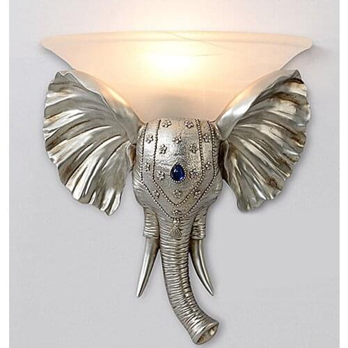 European retro elephant animal head wall lamp resin creative personality stairs family living room corridor Ivory lamp