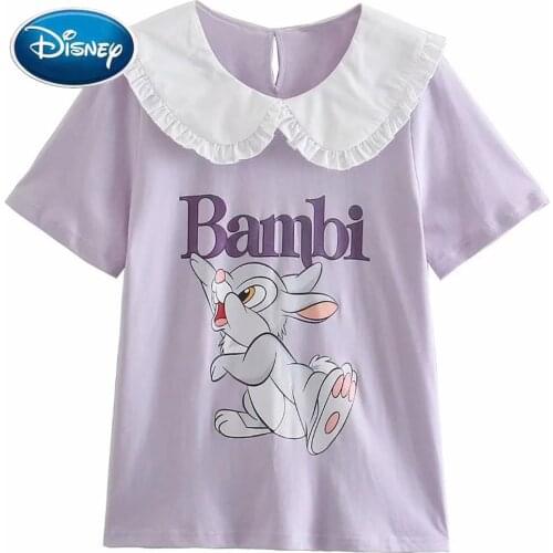 Disney T-Shirt Cute Bambi Thumper Rabbit Cartoon Print Peter pan Collar Short Sleeve Harajuku Women Cotton Korea Female Tee Tops