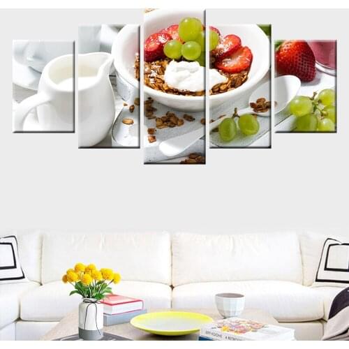 Food Painting Milk Fruit Coffee Cutlery Wall Art Picture Kitchen Decoration Nordic Poster 5 Panel Mural Canvas Art