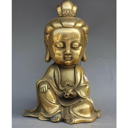 China Buddhist Brass Hold Pot Kwan-yin Guanyin Boddhisattva Buddha Statue