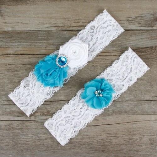 2pcs/Lot Pretty Wedding Garters Set Classical Beaded Bridal Toss Garter White Lace Tiffany Chiffon Puff Flower Keep Garter Gift