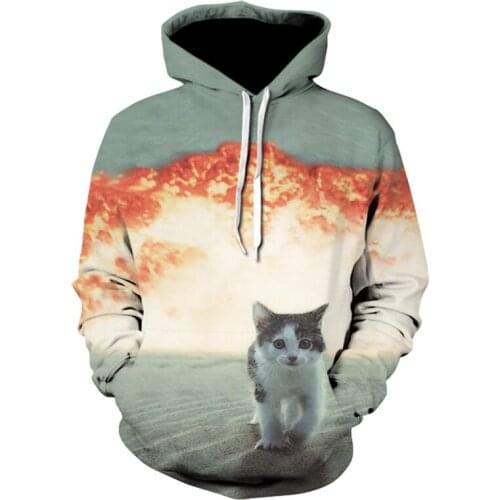 Fashion mens and womens casual sports long-sleeved hoodie cartoon animal cat print womens hoodie