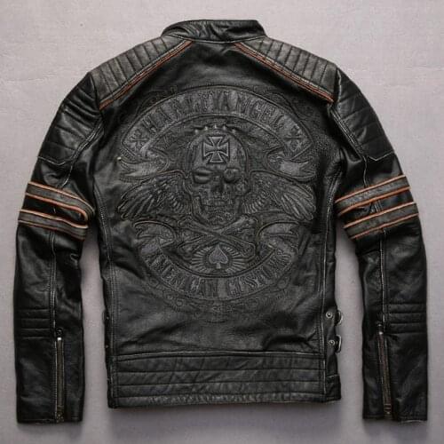 Embroidery skulls vintage cowskin motorcycle jacket contrast color sleeve fashion genuine leather jacket men punk biker jackets