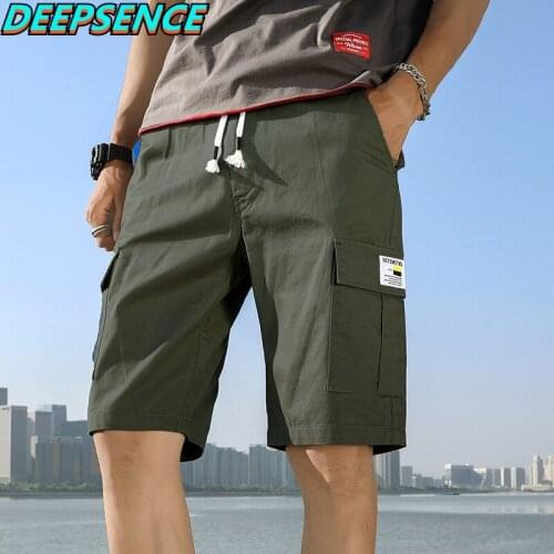 Men Spring And Summer New Casual Shorts Solid Cotton Drawstrin Pockets Loose Fit Safari Style Fashion Knee Length Shorts Men