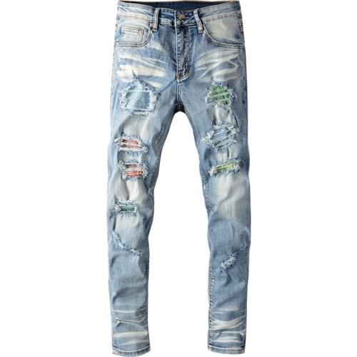 2021 New Fashion Streetwear Light Blue Elastic Destroyed Slim Ripped Jeans Men Designer Denim Pencil Pants Hip Hop Jeans Homme