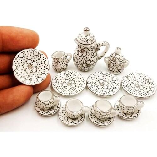 1:12 Miniature 15pcs Porcelain Tea Cup Set Chintz Flower Tableware Kitchen for Dollhouse