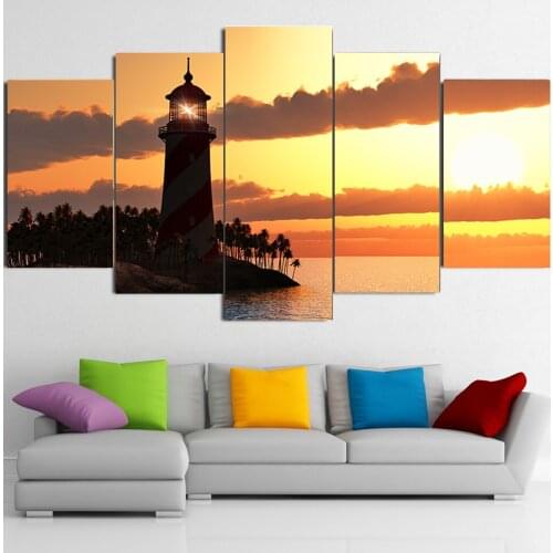 Wall Art Canvas Painting Posters Modern HD Printed Photo 5 Pieces Pictures Lighthouse Sunset Landscape Home Living Room Decor