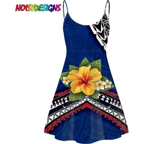 NOISYDESIGNS Summer Dress Women 2021 Hawaiian Hibiscus Plumeria Print Strap Vestido De Mujer Slim Sexy A Line Party Dresses Blue