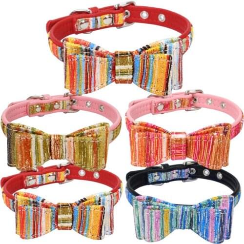 Dog Collar Cat Collar Adjustable Necklace Double Cloth Bowknot Dog Collar Gold Ribbon Pet Collar Puppy Kitten Pet Sccessories