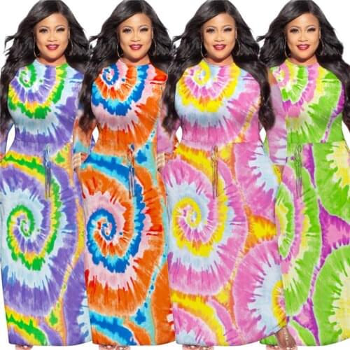 Autumn Maxi Dresses for Women Casual Stretch High Waist Loose Plus Size Dress Bohemian Tie Dye Dress Wholesale Dropshipping