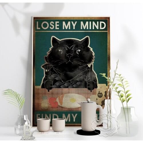 Lose My Mind Find My Soul Retro Poster Black Cat Knives And Forks Meals Wall Stickers Nordic Style Amusing Home Kids Room Decor