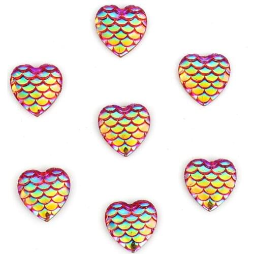Resin Mermaid Fish/ Dragon Scale Dome Seals Cabochon Heart White Fuchsia AB Color 12mm