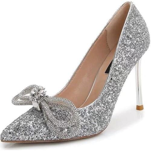 Silver high heels women 2021 new spring and autumn stiletto high heels bow pointed rhinestone bling crystal shoes wedding women