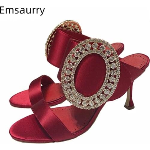 Crystal Elliptical Buckle Banquet Shoes Woman Luxury Satin One-strap Thin High Heels Sexy Open Toe Rhinestone Women Sandals