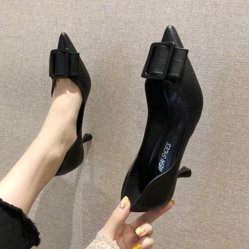 Concise Fashion Thick with Single Shoes Sexy Pointed Square Buckle High Heels Work Shoes Professional Womens Shoes W32-57