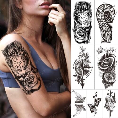 Waterproof Temporary Tattoo Sticker Clock Dove Rose Tatto Arm Dark Old School Wing Body Art Arm Fake Sleeve Tatoo Women Men