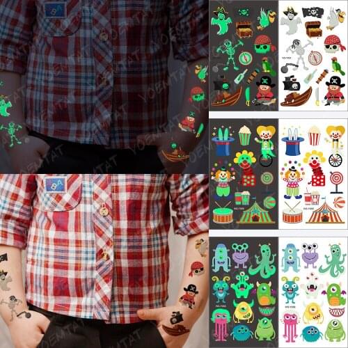 Waterproof Temporary Tattoo Stickers Luminous Childrens Pirate Sea Bird Ship Face Arm Leg Tatoo Body Art Glowing Fake Tatto