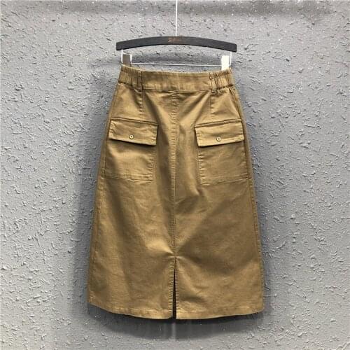 A Line Split Women Midi Cargo Skirts Pockets Bodycon Solid Ladies Knee Length Skirt 2021 Summer Sexy Black Khaki Bottom Female