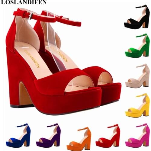 2021 Women Chunky High Heels Gladiator Sandals Summer Open Toe Solid Flock Ladies Casual Shoes Woman Buckle Strap Pumps Platform