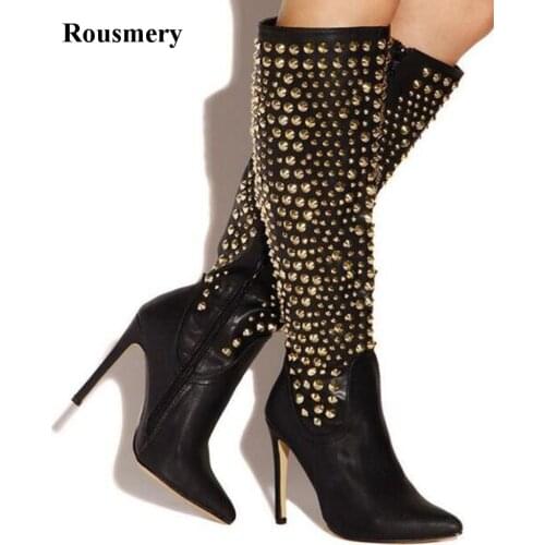 2018 New Fashion Women Pointed Toe Knee High Spike Design High Heel Boots Gold Rivet Long Leather Boots Dress Shoes