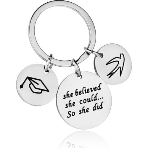 12PC She Believed She Could So She Did Keyrings Stainless Steel Graduation Cap Swallow Charm Pendant Keychains Friends BFF Gifts