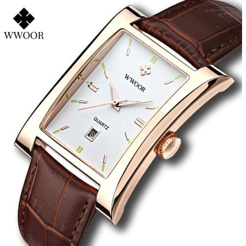 WWOOR Brand Classic Fashion Mens Rectangle Watches Male Gold Brown Leather Quartz Waterproof Wrist Watch For Men Calendar Clocks