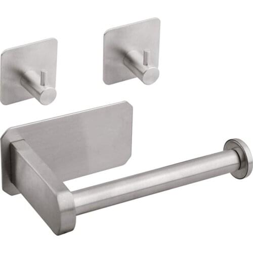 Toilet Paper Holder - Brushed Nickel Adhesive Toilet Paper Holder With 2 Hanging Hooks For Campers, Bathroom, Kitchen