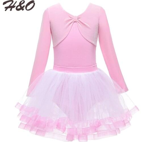 Cute Girls Cotton Tulle Long Sleeves Bowknot Shape Ballet Dance Gymnastics Leotard Tutu Dress Suit Children Performance Dress