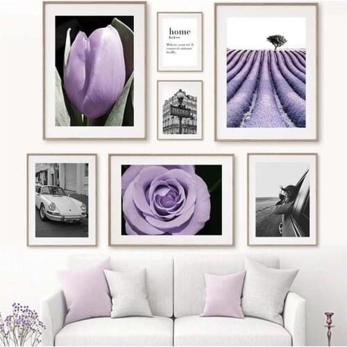 Purple Lavender Rose Tulip Flower Poster Retro Girl Metro Car Wall Art Canvas Painting Nordic Home Decor Pictures for Interior